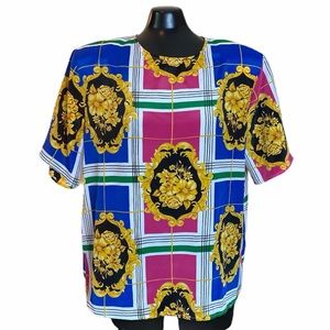 Vintage Gold and Black Floral Grid Pattern Blouse